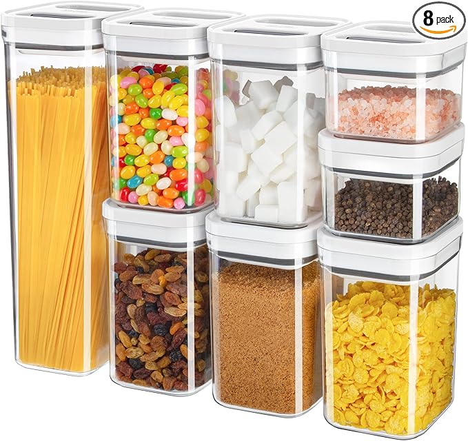 MR.SIGA 8 Piece Airtight Food Storage Container Set, BPA Free Kitchen Pantry Organization Canisters, One-handed Airtight Plastic Containers with Lids for Cereal, Spaghettie, Pasta,White