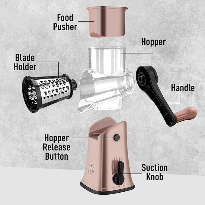 Zulay Kitchen Rotary Cheese Grater 5 Blade Cheese Shredder - Manual Hand Crank Cheese Grater With Reinforced Suction & 5 Interchangeable Drums - Easy to Use, Vegetable Chopper Round Mandoline Slicer