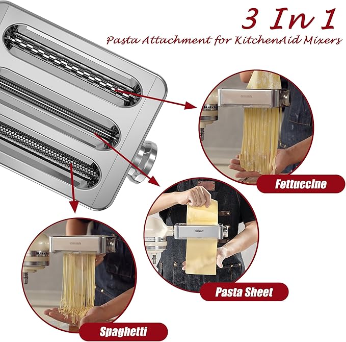All Metal Pasta Maker Attachment for KitchenAid, 3 In 1 Pasta Attachment for Kitchen Aid Stand Mixer, 8 Gears Adjustable Pasta Roller Attachment for Fettuccine Linguine Pasta Sheets.