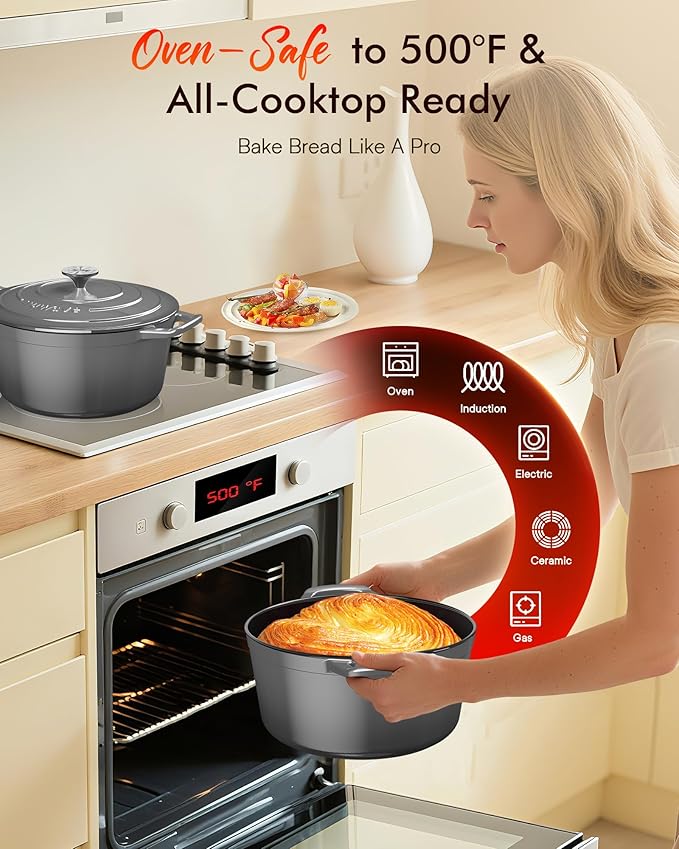 Nuwave 6QT Healthy Enameled Cast Iron Dutch Oven Pot with Lid, Heavy Duty 7-Layer Enamel, Enhanced Rust Protection, Dual Handles, Oven Safe to 500°F for Sourdough Bread Baking, Braise, Stew, Roast