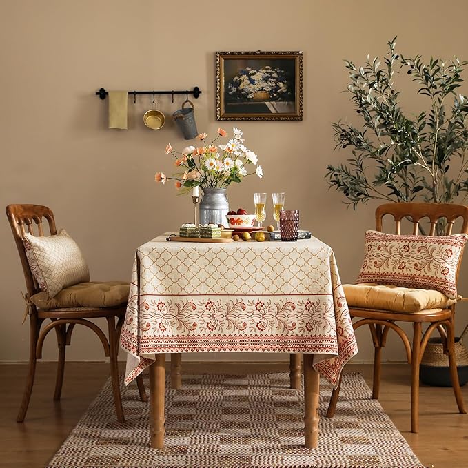 French Tablecloth for Square Tables,Floral Linen Table Cloth with Flaxen and Red Undertones,Heavy Durable Table Cover for Dining Thanksgiving Kitchen Party Banquet Christmas,67"*67"