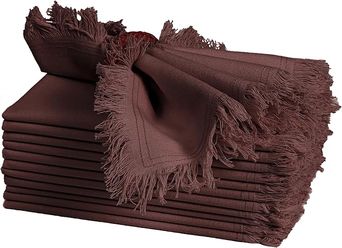 Bedding Craft Cotton Cloth Dinner Napkins Set of 12 – 18x18 Hot Chocolate with Frayed Selvedge Edges – Machine Washable Fabric Napkins for Weddings, Baby Showers, Parties & Everyday Use