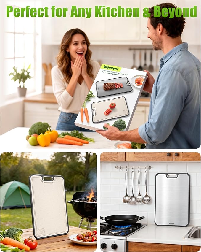 Titanium Cutting Boards for Kitchen, Non Toxic 2-in-1 Cutting Board Double Sided, Food Grade Pure Titanium and Wheat Straw PP, Easy to Clean Large Size 16”×11”