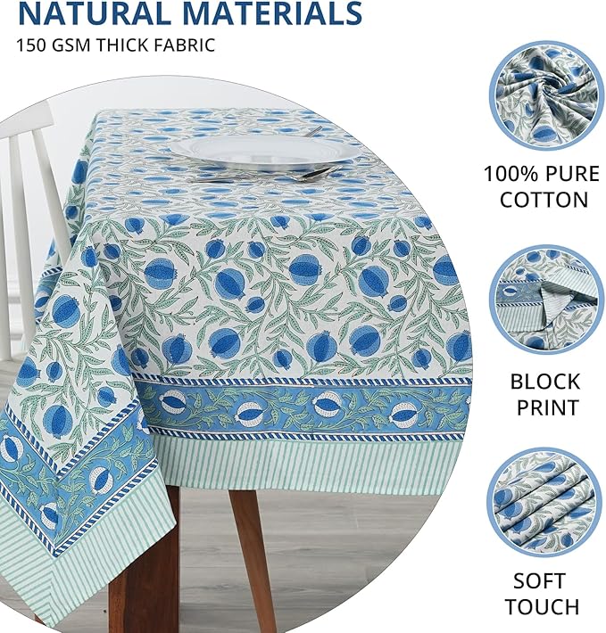 Ridhi Queen Blue Hand Block Print Cotton Rectangle Tablecloth 160 x 72 inches Reusable Table Cover Decorative Everyday Use for Dining Room, Farmhouse, Home, Party, Festive & Wedding, Fall