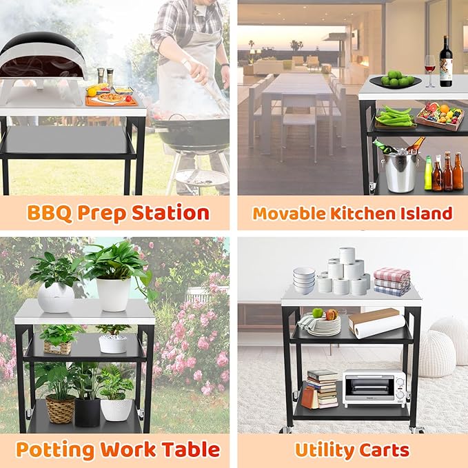 Pizza Oven Table for Ooni, Ninja, Woodfire, Blackstone, Bighorn, Cuisinart, Outdoor Grill Table for Ooni Pizza Oven Accessories, Movable Pizza Oven Stand as Food Prep Cart