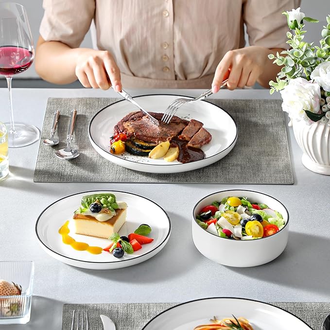 MALACASA Plates and Bowls Sets, 18 Pieces Modern Porcelain Dinnerware Set for 6 White Kitchen Dinner Ware Set wtih Black Rim Ceramic Dishware Dishes Microwave and Dishwasher Safe, Series LUNA