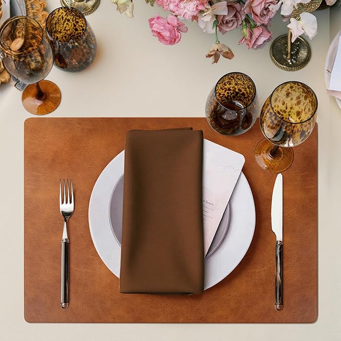 Roxifina Faux Leather Placemats Set of 8 - Vinyl Placemats Wipeable Waterproof Oil-Proof PU Place Mats Heat Resistant Reversible Table Mats for Dining, Kitchen, Outdoor, 12 x 17 Inch (Reddish Brown)