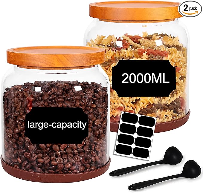 SAIOOL 2PCS Large Glass Storage Jars with Wooden Lids,Airtight Food Storage Containers, 3mm Thick Glass Kitchen Pantry Organization, Laundry Detergent Pods, with Scoop & Labels (67 FL OZ/2000 ml)
