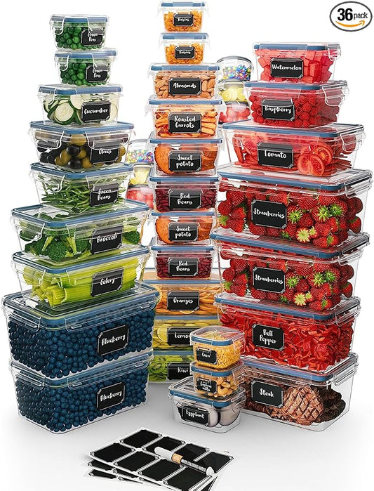 Chef's Path 72 Piece Airtight Food Storage Containers with Lids, 36 Containers and Lids, Stackable Kitchen and Pantry Canisters for Meal Prep and Food Storage - Transparent