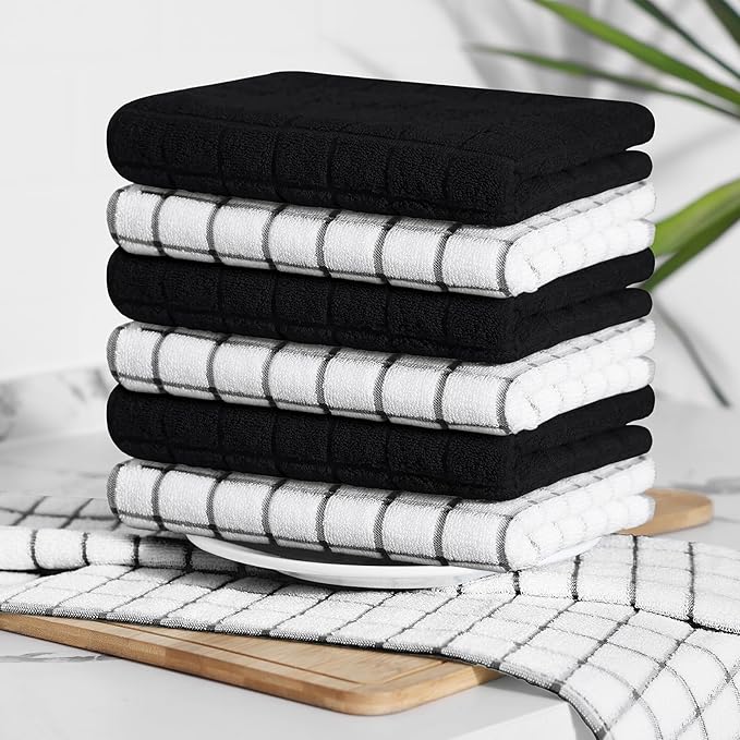 Homaxy Premium Cotton Kitchen Towels 16"x 28", Large Natural Ring Spun 390 GSM Dish Towels, Super Absorbent Terry Kitchen Hand Towels, Soft Tea Towel with Hanging Loop, Black Check Design, 8 Pack