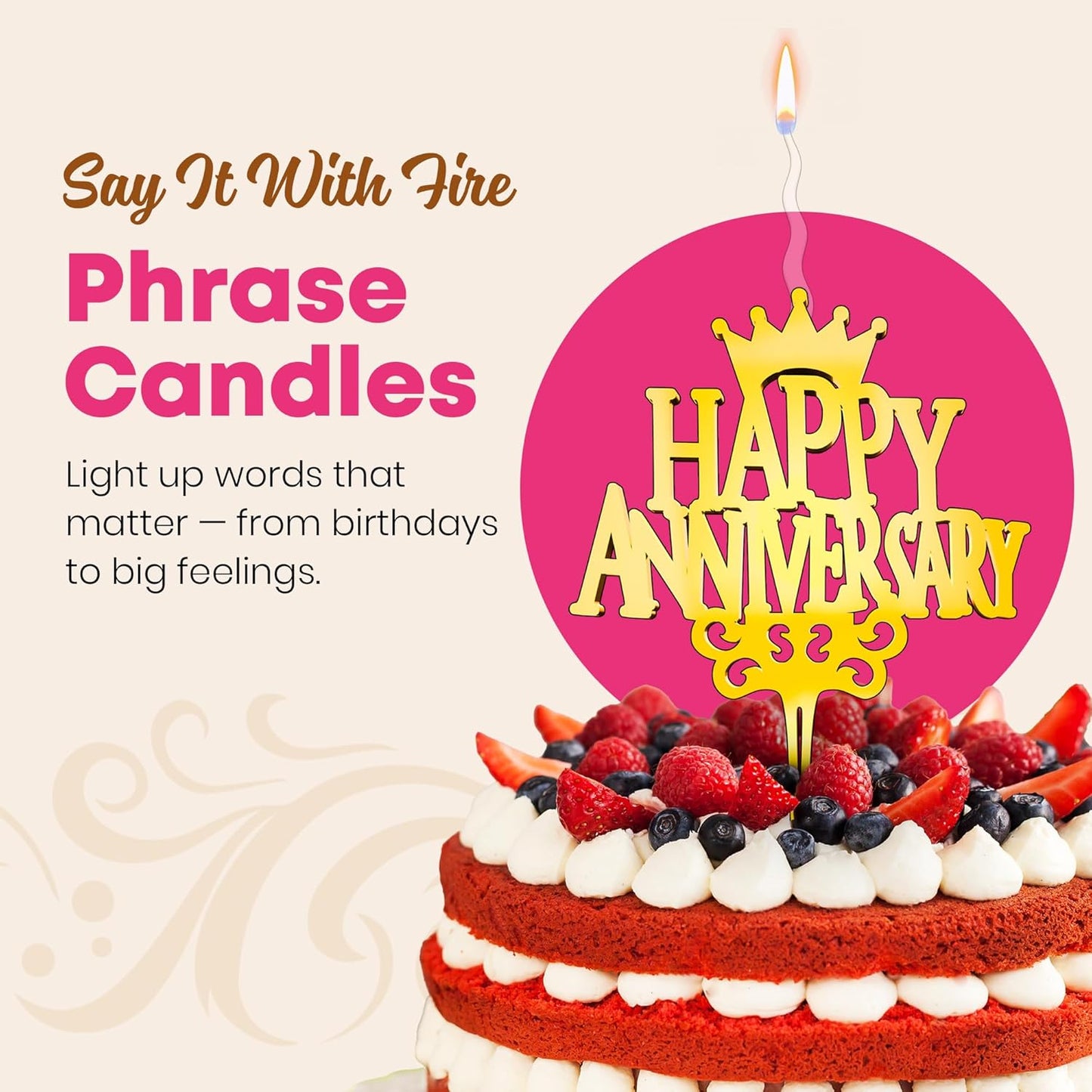 Happy Anniversary Reusable Gold Romantic Cake Candle - Luxury Cake Topper Candle for Birthdays, Weddings & Anniversaries - Reusable Food Safe Acrylic, Shiny Mirror Finish - Birthday Cake Topper