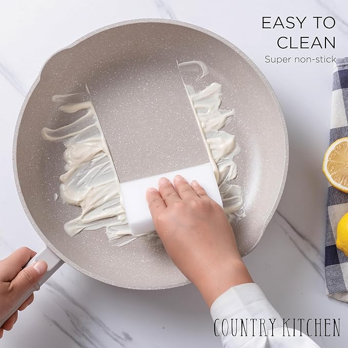 Country Kitchen Non-Stick Cast Aluminum Cookware Set - Durable Kitchen Cookware for Everyday Cooking, Cream Round Handle, 11 Pc.