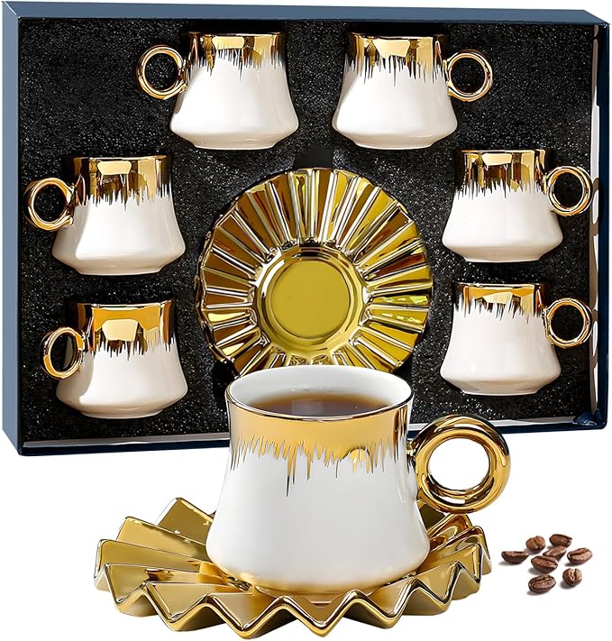 Turkish Coffee Cup - Tea Cups and Saucers Set of 6 with Gold Trim and Gift Box, 3.5oz Ceramic Cups for Turkish&Arabic Coffee, Cappuccino, Latte, Mocha, Au Lait, Double Espresso, Dishwasher Safe