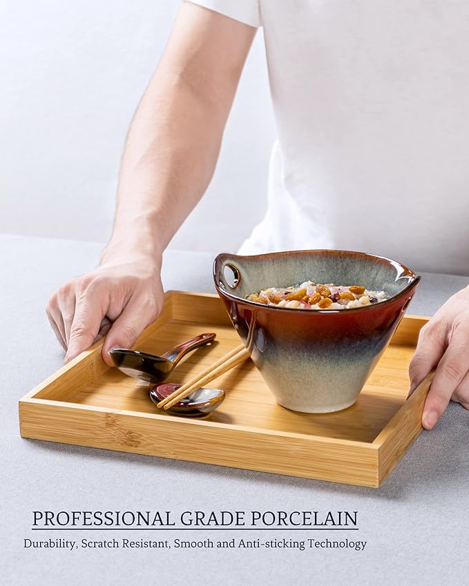 HENXFEN LEAD Japanese Ramen Bowls Set of 2 - Deep Ceramic Soup Bowls with Spoons, Chopsticks and Holder, 20 Oz Serving Dishes for Pho, Udon Noodle, Cereal - Reactive Red