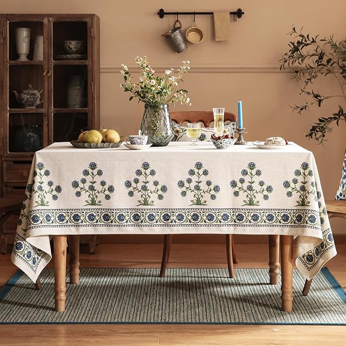 patdrea Designer Blue Tablecloth for Rectangle Tables,Vintage Linen with Leaves and Flowers Pattern Tablecloths,Farmhouse Floral Table Cover Cloth Decor for Kitchen Dining Christmas,55"*87"