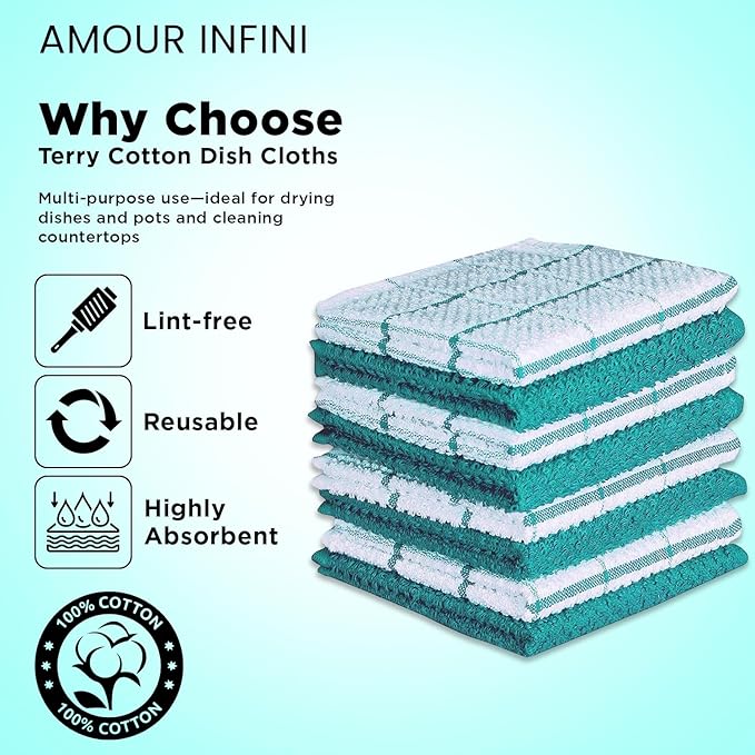 AMOUR INFINI Cotton Kitchen Dish Cloths Set of 8 – Highly Absorbent, Super Soft Premium Terry Cleaning Cloth (12"x12" Inch) Premium Dishcloths for Washing Dishes (Turquoise)