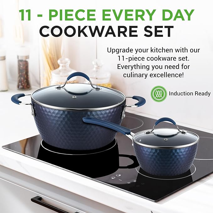 NutriChef 11 Pc Blue Diamond Nonstick Ceramic Cookware Set - Durable Pots and Pans with Cool-Touch Handles, Lids, Utensils