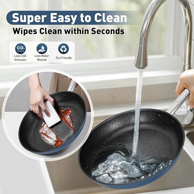 DishDelight Pots and Pans Set Nonstick, Nonstick Frying Pan, 10 Inch Fry Pan, 12 Qt Ceramic Saute Pan with Glass Lid, Induction Cookware Set, Added Plasma Diamond, Blue