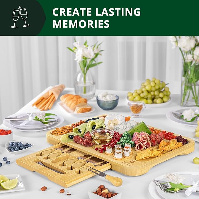 ROYAL CRAFT WOOD Extra Large Cheese Board - Bamboo Cheese Board and Knife Set - Charcuterie Board Set, Charcuterie Platter & Serving Tray