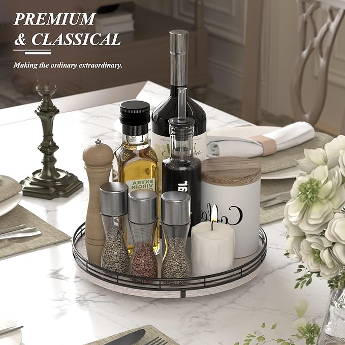 12" Farmhouse Lazy Susan for Kitchen & Coffee Table Decor – Rustic Wood Tray with Black Metal Frame, Decorative Centerpiece for Dining Room, Ottoman, Living Room, Serving or Vanity Use