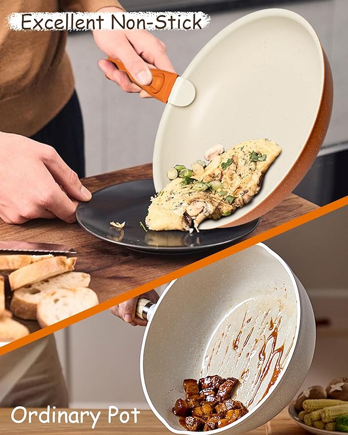 22-Piece Non-Stick Pots and Pans Set, Ceramic Cookware Set with PFAS-Free, Stackable & Detachable Handles, Orange