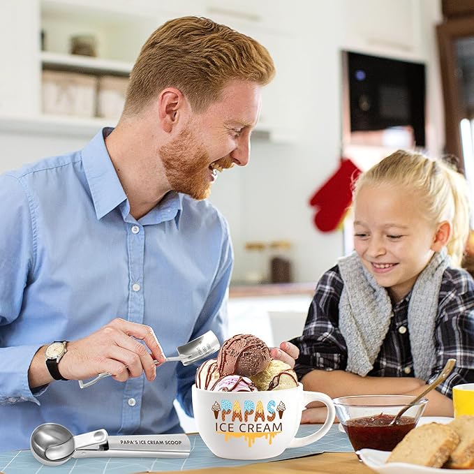Father’s Day and Christmas Gift - Papa's Ice Cream Bowl and Scoop Set for Daughter, Son, Xmas Ideal Gift