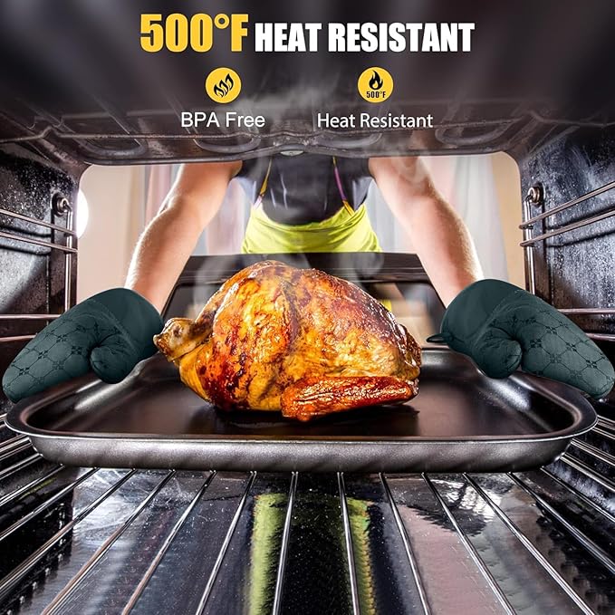 Oven Mitts Kitchen Towels Dishcloths with Pot Holders Sets 12PCS,Dish Towels Sets,Oven Gloves Pot Pads Heat Resistant 500 Degrees with Non-Slip Silicone Surface for Cooking Baking Grilling-Deep Green