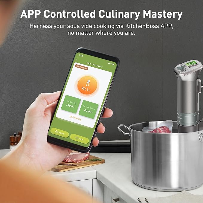 KitchenBoss Wifi Sous Vide Cooker: Ultra-quiet Sous Vide Machine Built-in Color Display Recipes Waterproof, 1100 Watts Immersion Circulator Precision Cooker APP Control, Red-Dot-Winner Product