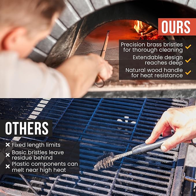 Chef Pomodoro Pizza Oven Brush with Scraper - Adjustable Handle (55cm to 87.7cm), Pizza Stone Brush, Pizza Oven Cleaning Brush, Outdoor Pizza Oven Accessories for Pizza Stones, BBQ Grill, and Ovens