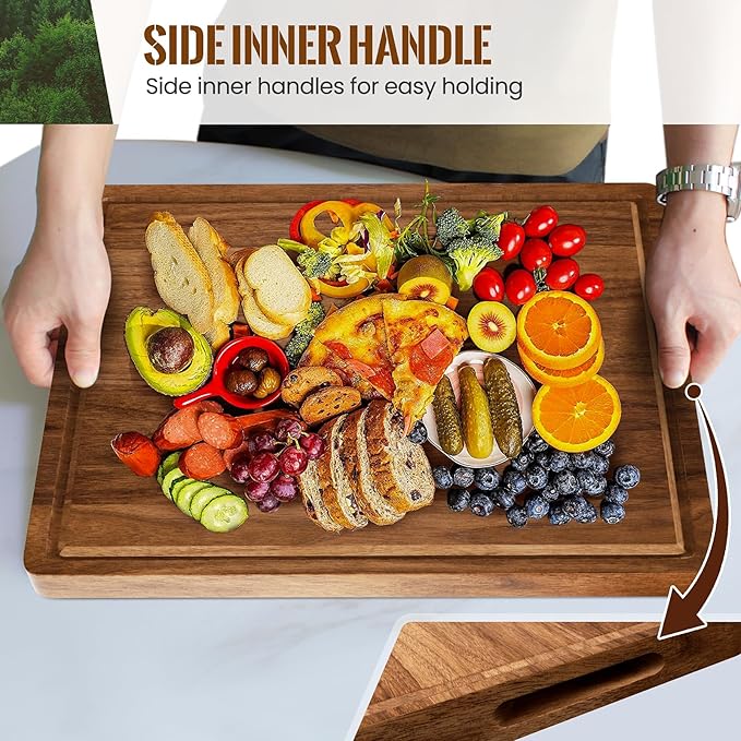 XX-Large Acacia Wood Cutting Board for Kitchen, 24x18x1.2 Inch Reversible Wooden Chopping Board Thick Charcuterie Board with Juice Grooves and Handle for Meat, Cheese, Vegetables, Fruits, Bread