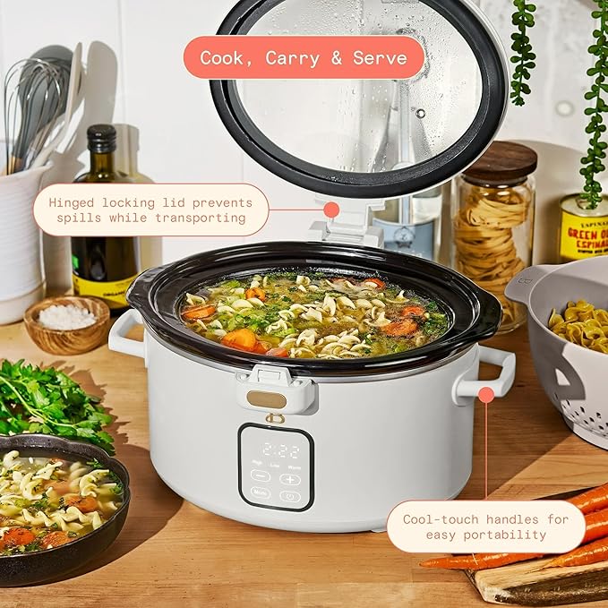 Beautiful 4-Qt Programmable Slow Cooker with Hinged Locking Lid & Touch Display – 3 Heat / 4 Timer Settings (White Icing)