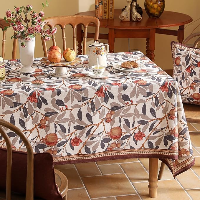 patdrea Designer Brown Table Cloth Rectangle Tables,Framhouse Linen Pomegranates Leaves Tree Pattern Linen Tablecloths,Fall Fruits Tablecloth Decor for Kitchen Dining Christmas,63"*87"