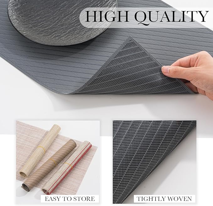 BACKTOEDEN Placemats Set of 6 Heat Resistant Washable Wipeable Placemat Woven Non-Slip Foldable Vinyl/Plastic Place Mats Indoor/Outdoor Mat Kitchen Dining Table Pad, Dark Gray Twill