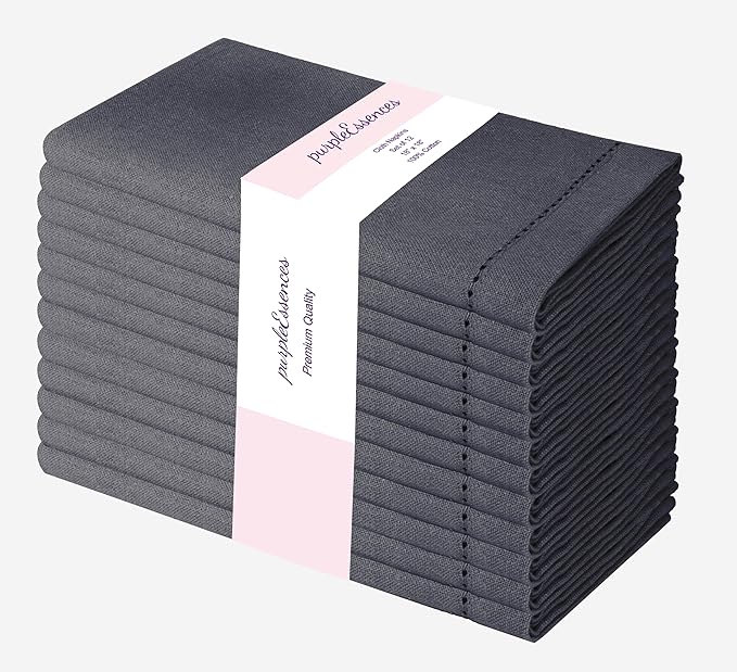 PurpleEssences Set of 12 Hemstitch Cloth Dinner Napkins 100% Cotton - Soft Durable Washable - Ideal for Wedding Christmas Holiday Winter - Perfect Everyday Use Table Linen 18x18 - Dark Gray