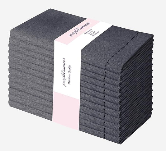 PurpleEssences Set of 12 Hemstitch Cloth Dinner Napkins 100% Cotton - Soft Durable Washable - Ideal for Wedding Christmas Holiday Winter - Perfect Everyday Use Table Linen 18x18 - Dark Gray