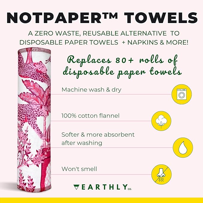 Reusable Paper Towels - 10 Pack - Roll of Washable Cotton Cloth Paper Towels - Paperless Reusable Napkins Cloth Washable - Absorbent + Long Lasting - Zero Waste Products - (Rosé Safari)