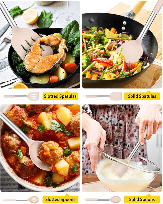 Pack of 4 Silicone Cooking Utensils Set, Non Stick Large Solid Spatulas, Heat Resistant Stainless Steel Khaki Slotted Spoons, Ideal BPA Free Kitchen Turners for Frying, Mixing,Serving,Draining,Turning