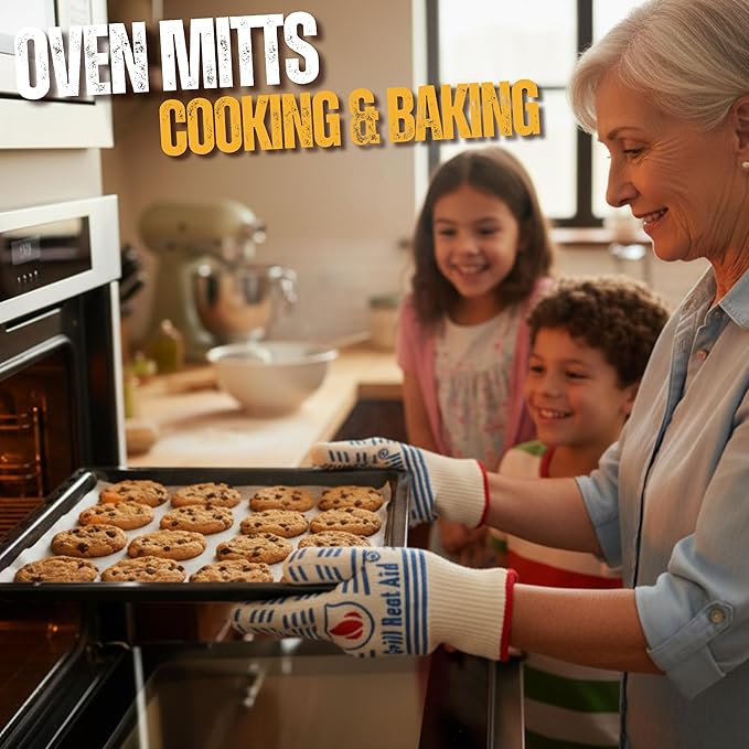 GRILL HEAT AID BBQ Grill Gloves 1472°F - Extreme Heat Resistant Oven Mitts for Grilling, Smoker & Fire Pit with Silicone Grip & EN407 Cut Resistance - Short Cuff, White & Blue