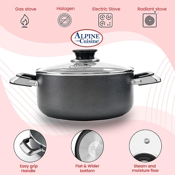 Alpine Cuisine 4 Quart Non-stick Stock Pot with Tempered Glass Lid and Carrying Handles, Multi-Purpose Cookware Aluminum Dutch Oven for Braising, Boiling, Stewing