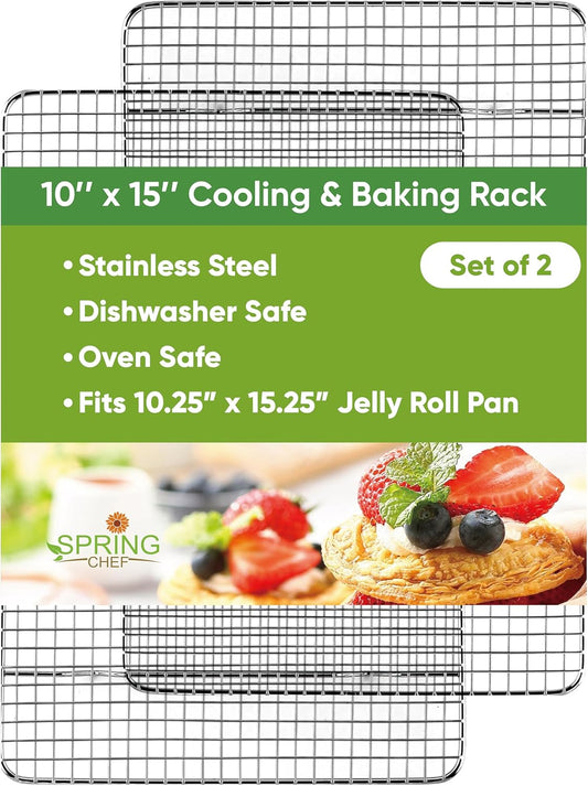 Spring Chef 10" x 15" Stainless Steel Cooling Racks for Baking - Oven Safe - Cookie Racks for Cooling Cookies - Fits Jelly Roll Pan - Perfect for Grilling, Roasting, Cooking, Drying - Set of 2