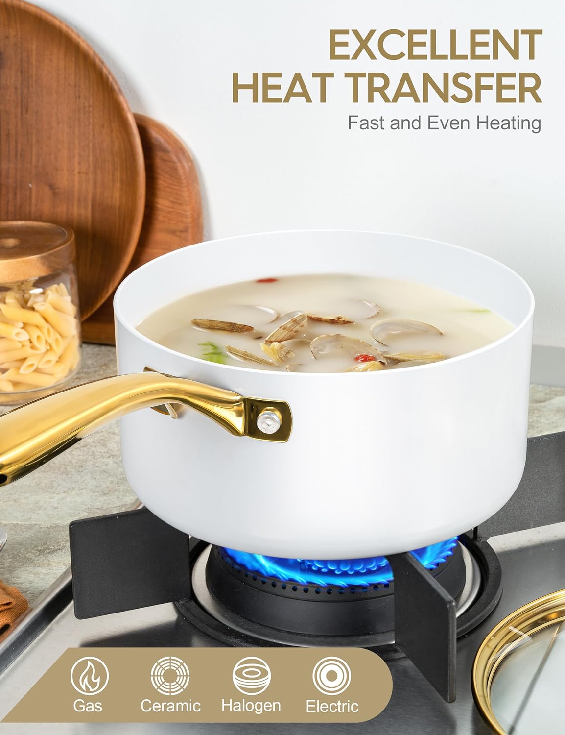 MICHELANGELO 3 Quart Saucepan with Lid, Non-Toxic Ceramic Sauce Pan with Ergonomic Handle, Nonstick 3 Qt Small Pot, Induction-Compatible, White