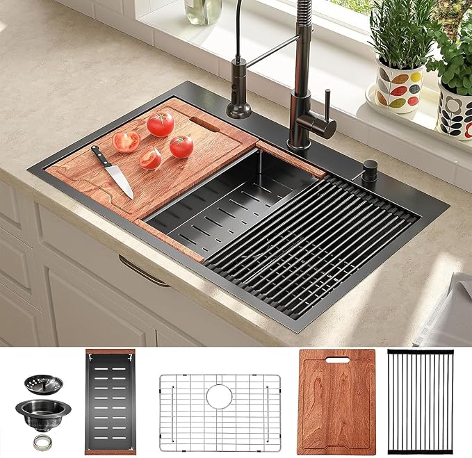 Lordear 33 Black Kitchen Sink Drop in 33x22 Drop Sink Stainless Steel 16 Gauge Gunmetal Black Ledge Workstation Single Bowl Topmount Overcounter Kitchen Sinks Deep Basin