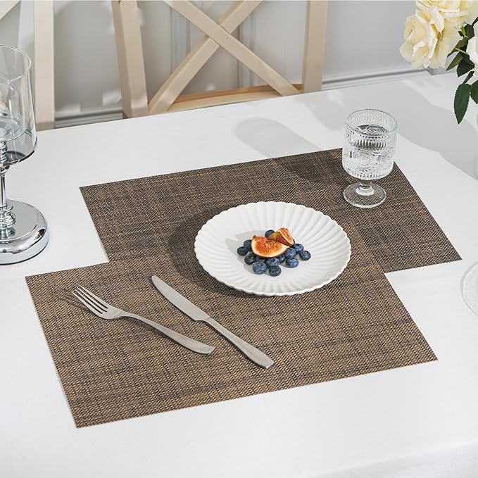 BACKTOEDEN Placemats Set of 6 Heat Resistant Washable Wipeable Placemat Woven Non-Slip Foldable Vinyl/Plastic Place Mats Indoor/Outdoor Mat Kitchen Dining Table Pad, Dark Brown