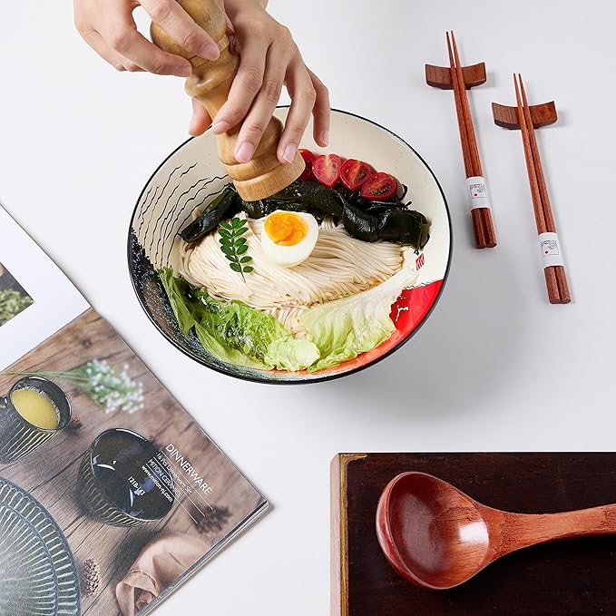 Japanese Ramen Bowl Set with Red Fuji Design - 60oz Large Ceramic Bowls, Spoons, Chopsticks for Ramen, Pho, Salad, Poke - Premium Gift for Ramen Lovers - Microwave & Dishwasher Safe
