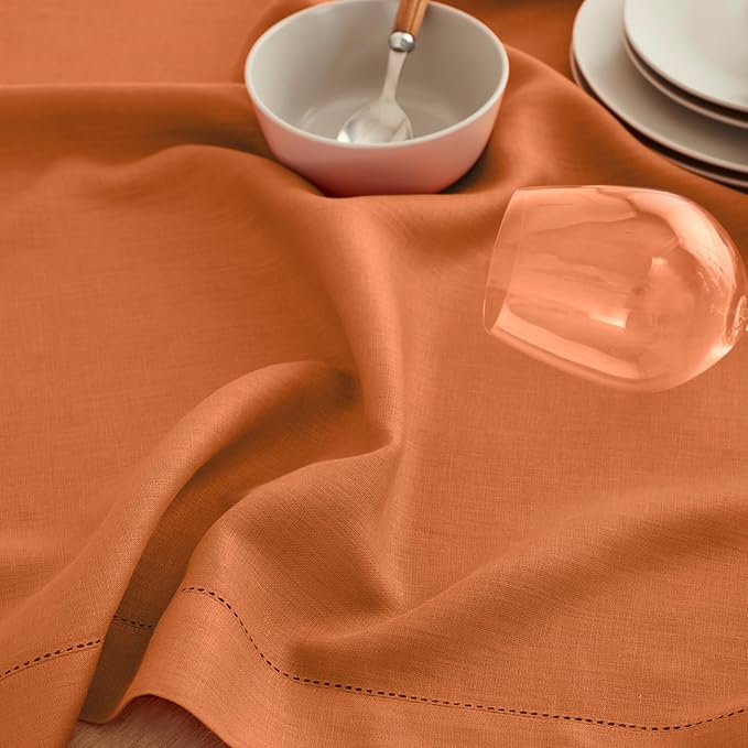 Solino Home Linen Placemats Set of 4 - Classic Hemstitch Pumpkin Placemats 14 x 19 Inch - 100% Pure Linen Table Mats for Fall, Autumn, Thanksgiving, Holiday