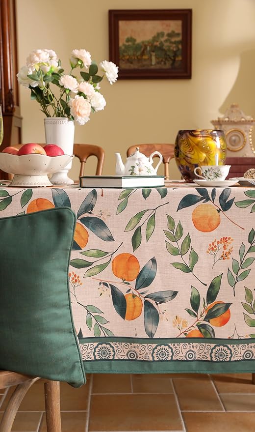 patdrea Designer Orange Tablecloth for Rectangle Tables,Framhouse Linen Oranges and Leaves Tree Pattern Linen Tablecloth,Fall Fruits Table Cover Cloth Decor for Kitchen Dining Christmas,67"*118"