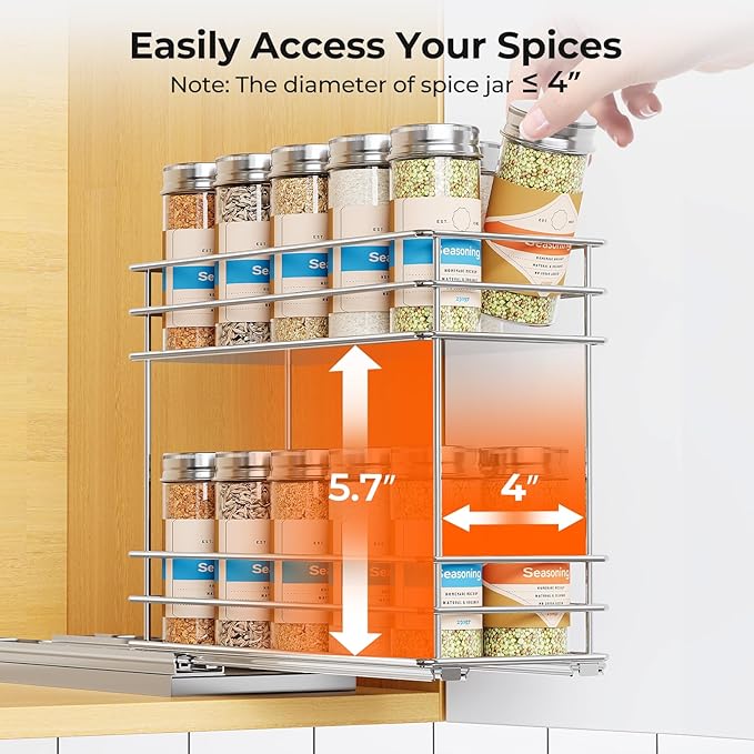 Pull Out Spice Rack Organizer for Cabinet, Slide Out Spice Racks, Easy to Install, 4.0''Wx10.35''Dx8.26''H, 1 Drawer 2 Tiers(Silver)
