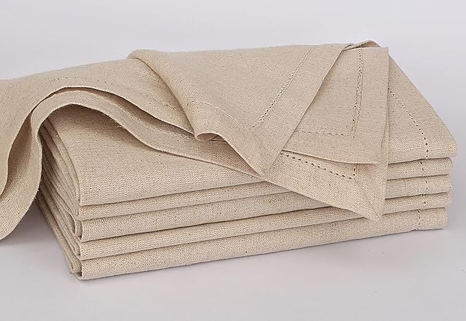 Ruvanti Premium Linen Napkins Set of 6-20x20 Inch, Classic Hemstitch, Mitered Corner Cloth Napkins ‎- Soft, Elegant Dinner Napkins Cloth Washable for Weddings, Parties, Everyday Use - Natural