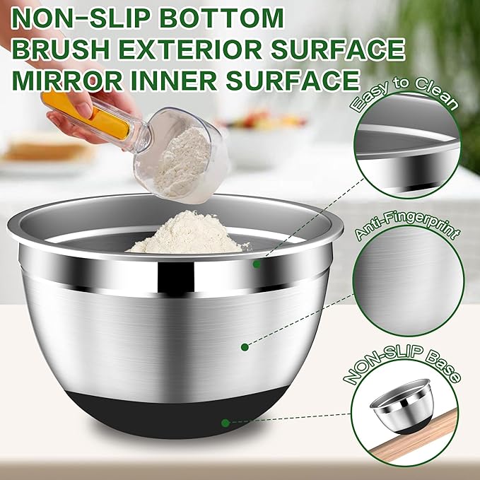 Mixing Bowls with Lids Set - 16pcs Stainless Steel Mixing Bowl Set with Colander, 3 Grater Attachments, Non-Slip Bottom, Metal Nesting Bowls with Strainer for Mixing & Serving - Black