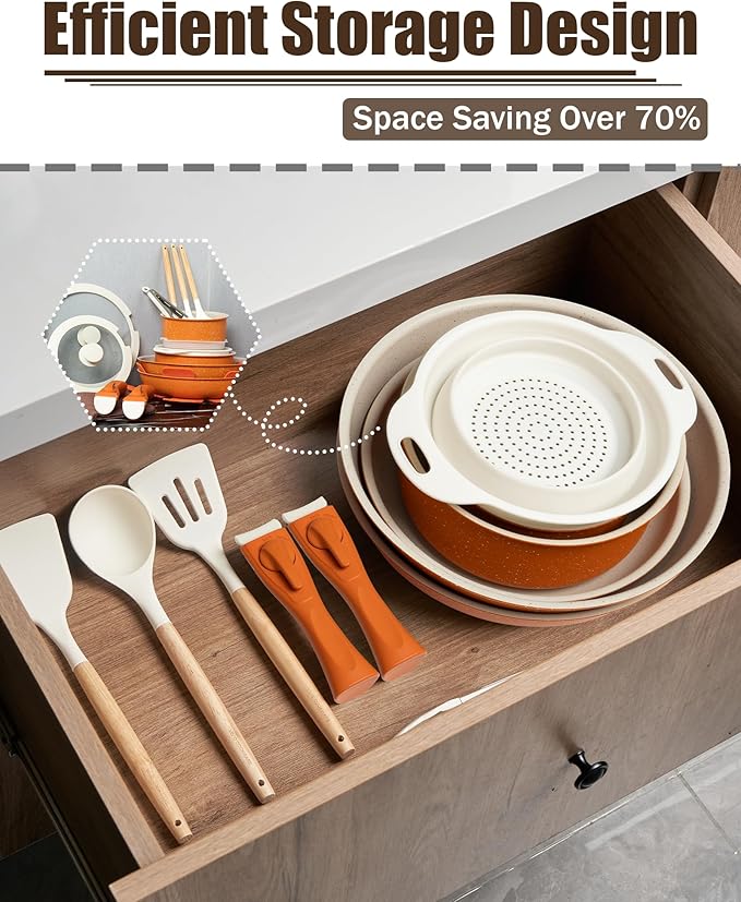 22-Piece Non-Stick Pots and Pans Set, Ceramic Cookware Set with PFAS-Free, Stackable & Detachable Handles, Orange